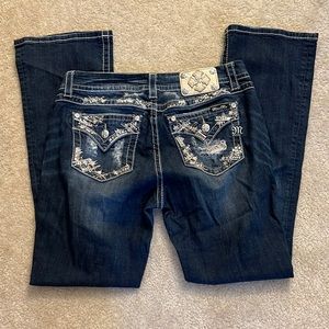 Miss Me  Mid Rise Boot Embellished Embroidered Distressed Dark Wash Jeans